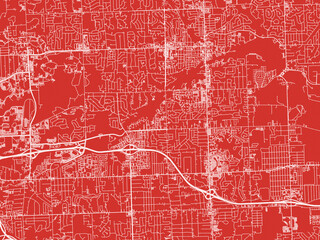 Christmas Map of Rochester Hills  Michigan, USA in Snowy White on Festive Red Background.