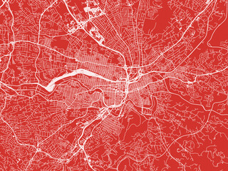 Christmas Map of Roanoke Virginia, USA in Snowy White on Festive Red Background.