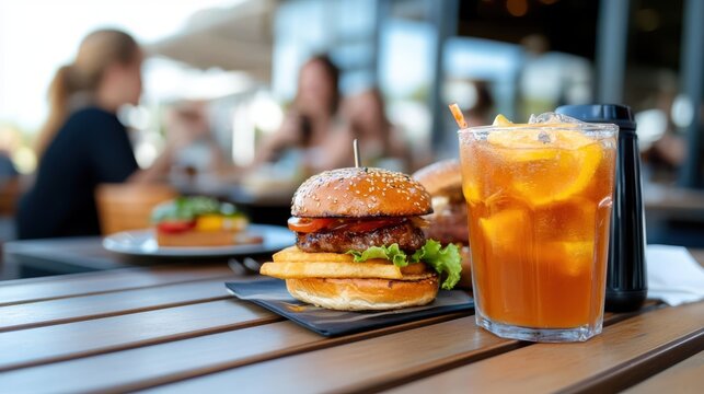 A gourmet burger with crispy fries is paired with an iced drink on a wooden table in an outdoor restaurant setting, with blurred diners in the background enjoying a sunny day.