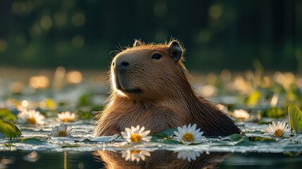 A serene, high-resolution image of a Capybara lounging by the waters edge, its fur glistening under the soft sunlight of the Amazon basin. each strand of fur and detail in its expressive eyes 