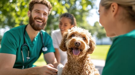 A group of veterinarians enjoying the outdoors while taking care of a happy dog, showcasing empathy, teamwork, and joyful moments in a scenic park setting.