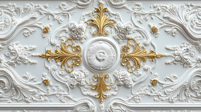 3d wallpaper for ceiling with white golden decoration model. victorian style and decorative frame background. Baroque. Illustration