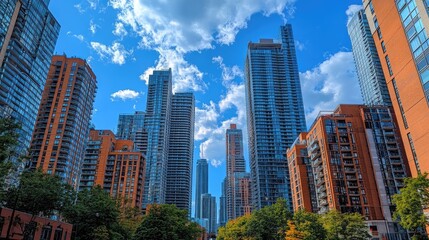 Fototapeta premium A low angle view of a city skyline with tall buildings reaching for the sky.