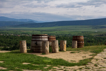 Wooden Barrels Near Wineyard in Georgia