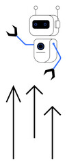 Robotic character with antenna arms pointing up alongside three bold arrows. Ideal for technology, innovation, AI, growth, progress, robotics, and future themes. Line metaphor