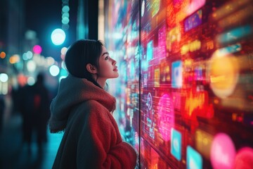 Obraz premium A woman looks up at a large digital display in a city street at night. The display shows colorful and abstract patterns.
