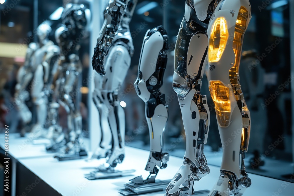 Poster Close-up of several humanoid robots with glowing joints on display, showcasing advanced technology and robotics.