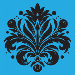 An attractive black vector graphic design floral motif with a central stylized leaf or bud shape surrounded by ornate petal-like elements 