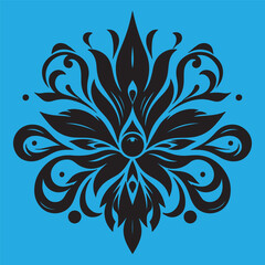An attractive black vector graphic design floral motif with a central stylized leaf or bud shape surrounded by ornate petal-like elements 