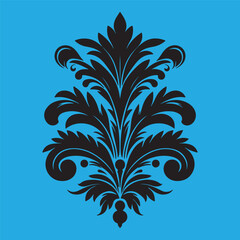 An attractive black vector graphic design floral motif with a central stylized leaf or bud shape surrounded by ornate petal-like elements 