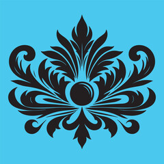 An attractive black vector graphic design floral motif with a central stylized leaf or bud shape surrounded by ornate petal-like elements 