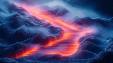 Fototapeta premium A glowing staircase winds through misty mountains under a starry night sky in a surreal landscape of vibrant colors