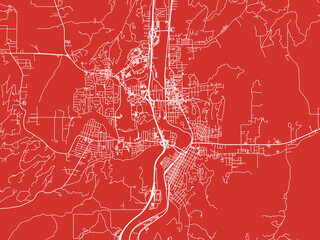 Christmas Map of Roseburg Oregon, USA in Snowy White on Festive Red Background.