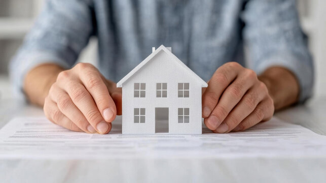 A person holds a miniature house model above paperwork, symbolizing real estate transactions and home ownership.
