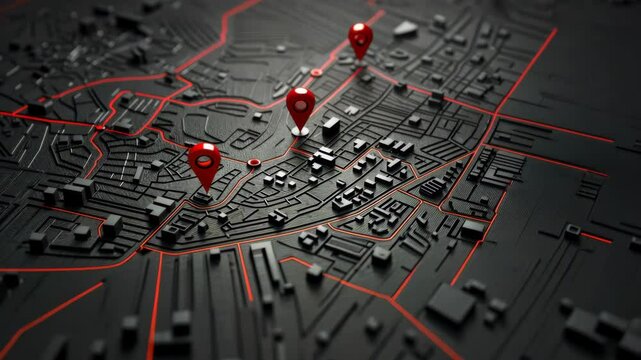 Three-dimensional city map with red location pins. Conceptual image for urban planning, GPS navigation, and location tracking in a close-up perspective view.