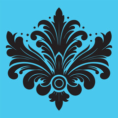 An attractive black vector graphic design floral motif with a central stylized leaf or bud shape surrounded by ornate petal-like elements 
