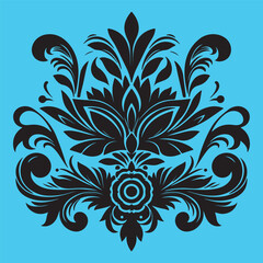 An attractive black vector graphic design floral motif with a central stylized leaf or bud shape surrounded by ornate petal-like elements 