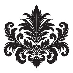 An attractive black vector graphic design floral motif with a central stylized leaf or bud shape surrounded by ornate petal-like elements 