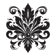 An attractive black vector graphic design floral motif with a central stylized leaf or bud shape surrounded by ornate petal-like elements 