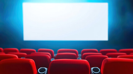 Product display and mockup, Red cinema chairs facing blank screen in dimly lit theater, creating inviting atmosphere for moviegoers