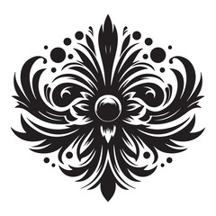 An attractive black vector graphic design floral motif with a central stylized leaf or bud shape surrounded by ornate petal-like elements 