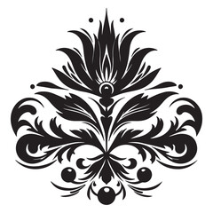 An attractive black vector graphic design floral motif with a central stylized leaf or bud shape surrounded by ornate petal-like elements 