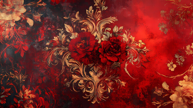 Abstract, baroque wallpaper pattern design. red floral victorian wallpaper background wall in grunge vintage / retro style. Baroque. Illustration