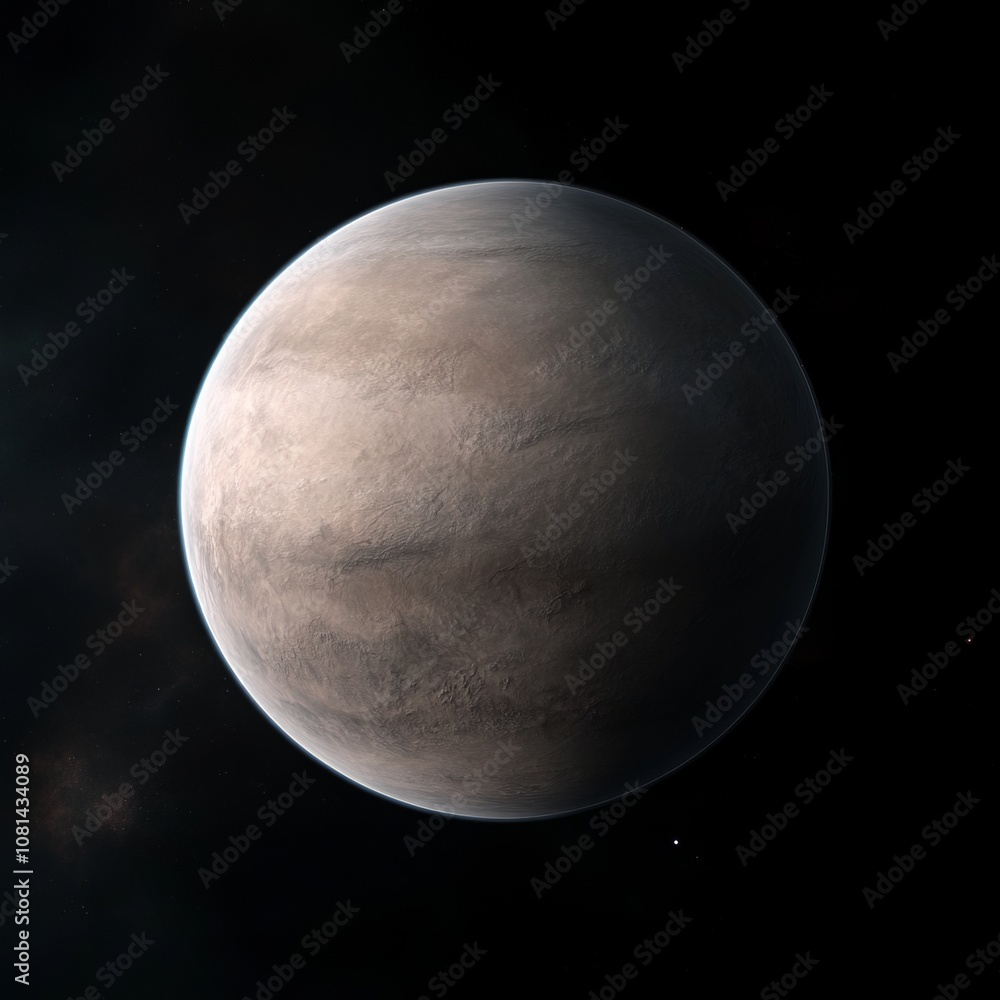 Poster a detailed, realistic rendering of an exoplanet with a cloudy atmosphere, surrounded by a starry bac