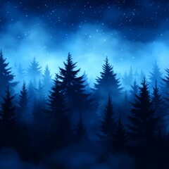 A dark forest at night with a dense fog and a starry sky.