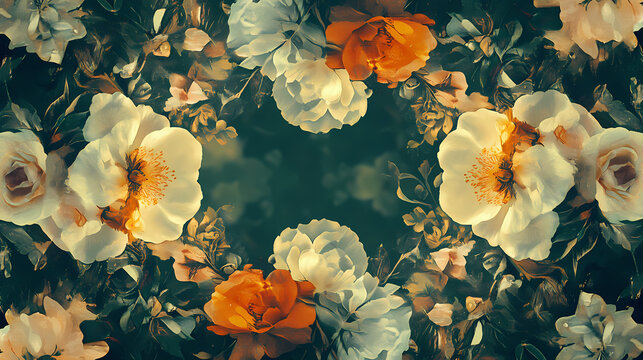 Ai generated. ai generative. vintage retro antique floral flowers pland frame in baroque style mock up background. graphic art. Baroque. Illustration