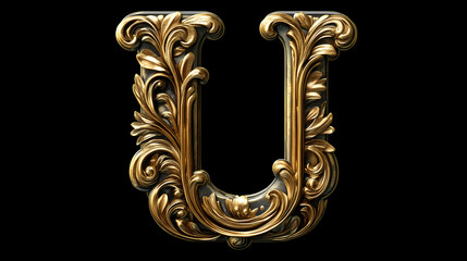 Alphabet letter u with metallic gold or brass texture isolated on black background, baroque style font design, golden uppercase abc for poster, cover, book. Baroque. Illustration