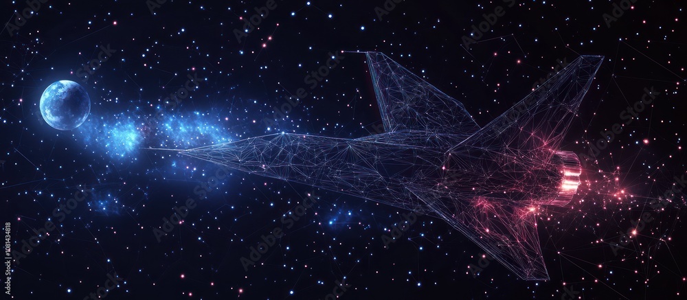 Poster a futuristic spaceship with glowing trails flies past a planet in a dark space with a starry backgro