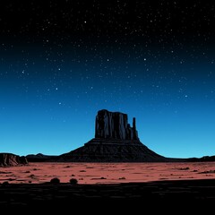 A lone butte stands tall under a star-filled night sky in the desert.