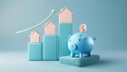 A piggy bank sits beside ascending bar graphs and house icons, symbolizing savings, investment growth, and financial planning.