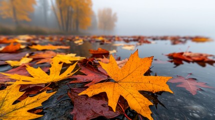 A close-up shot of vibrant red and yellow autumn leaves floating on a still lake with a foggy background.