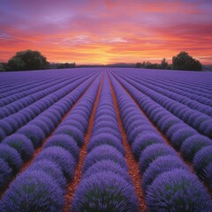 Fototapeta premium A picturesque view of a lavender field at sunset. The rows of lavender are evenly spaced and the sun is setting in the background, creating a beautiful and serene scene.