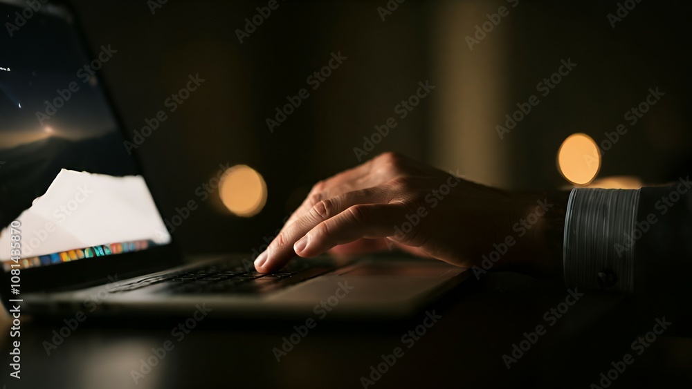 Poster hand typing on a laptop keyboard in a dimly lit room with soft bokeh lights in the background.
