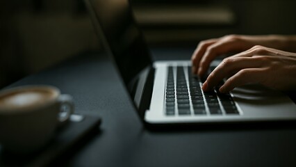 Hands typing on a laptop keyboard with a cup of coffee nearby in dim lighting.