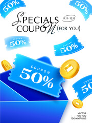 3d flying coupons from an envelope with golden coins, isolated on white background. Flying coupon banner template with gift vouchers giveaway, coupon code. 3d voucher vector . Vector illustration