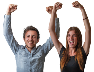 Standing side by side, both raise their arms in a victorious gesture on transparent background, reflecting a shared joy. Their expressions capture the essence of teamwork and celebration of success