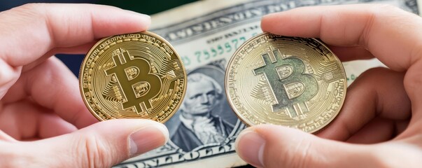Cryptocurrency Inflation, A close-up of hands holding a physical Bitcoin and a dollar bill, symbolizing the comparison of cryptocurrency and fiat money during inflation