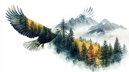 Obraz premium Majestic Eagle Soaring Over Misty Mountain Landscape with Autumn Forest and Snow-Capped Peaks in Background