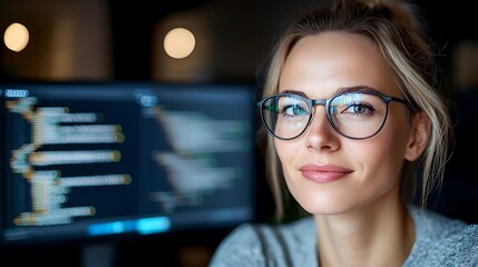 Focused and determined female programmer working on computer coding analyzing data and problem solving in a modern tech focused office workspace environment