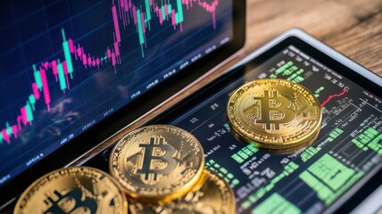 Cryptocurrency Inflation, Inflation chart on a screen beside a tablet with cryptocurrency market analysis, showing contrasting trends