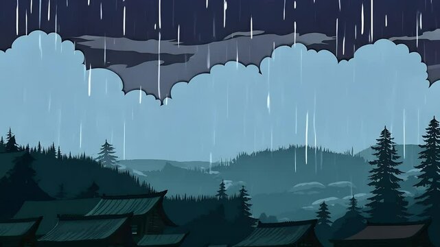countryside night rainy stormy ather setting serene yet mystical mood stylized anime landscape rain nature fantasy building raindrop dark storm view light expanse beauty season garden