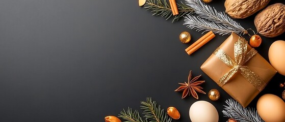 Festive Christmas holiday with wrapped gifts cinnamon sticks walnuts almonds pine branches and candles on a dark background  Flat lay still life composition with cozy warm and seasonal details