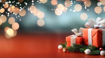Beautifully Wrapped Holiday Gifts with Festive Bokeh Lights and Ornaments  Elegant Christmas presents on a cozy winter themed background with shimmering lights pine branches and decorative elements