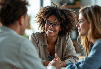 A diverse group of friends enjoying a warm and engaging conversation over coffee in a relaxed environment. The scene highlights connection, happiness, and genuine friendship.