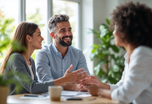 Happy Team Engaged in Friendly Meeting Over Coffee and Discussions