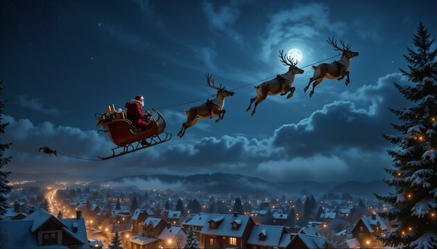  Santa Claus soaring over a snowy town at night, Sleigh filled with presents, Reindeer mid-flight, Twinkling holiday lights from houses below, Warm and festive lighting